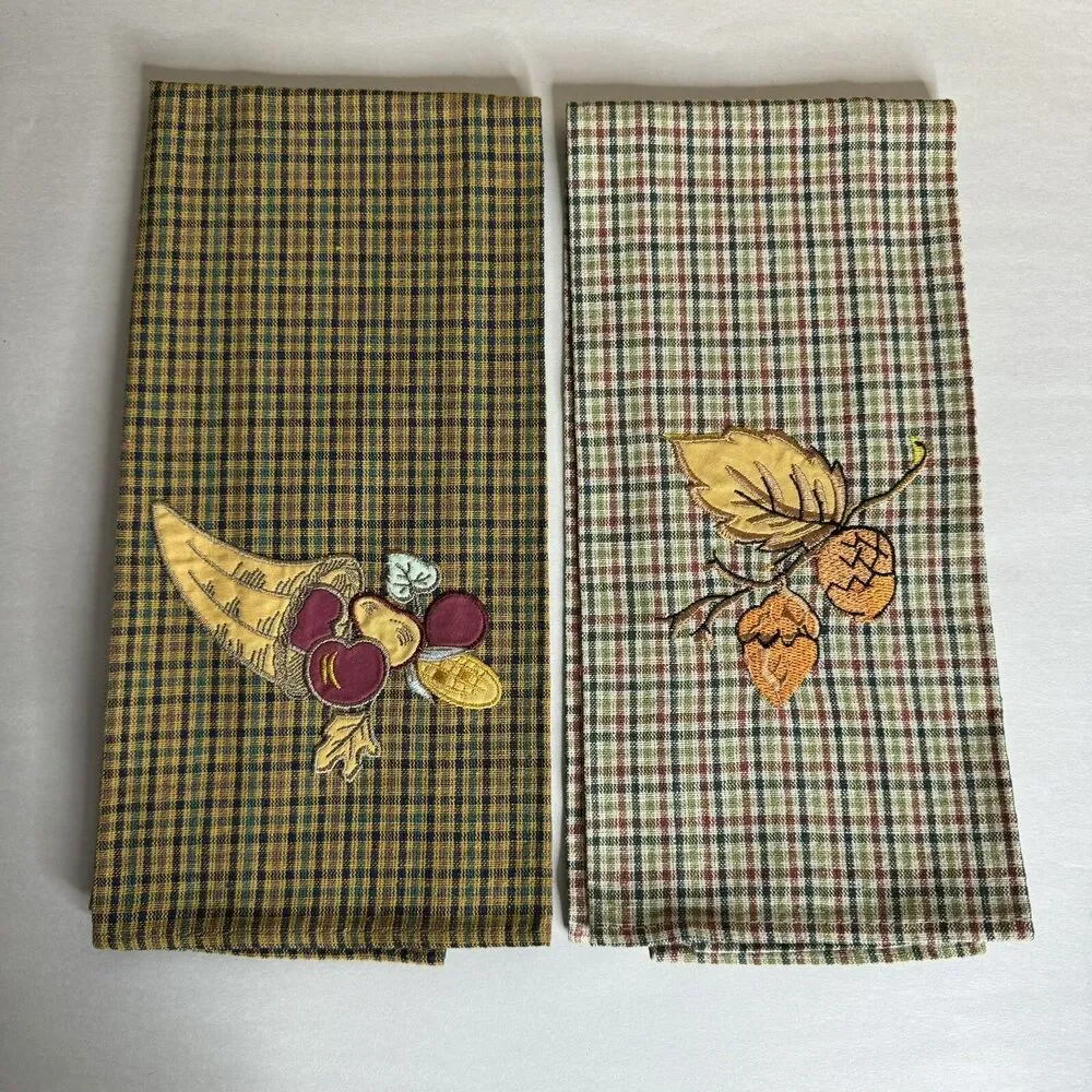 Vintage Kitchen Dish Towel Fall Plaid Holiday‎ Thanksgiving Embroidered